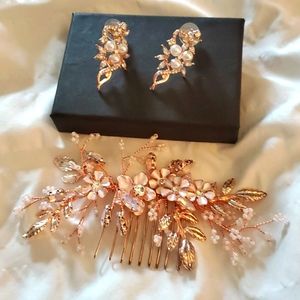 Rose gold earrings and hair clip
